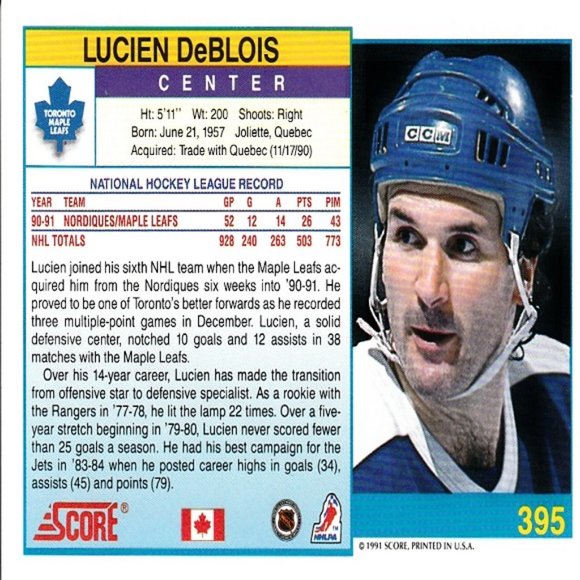 Lucien DeBlois (Toronto Maple Leafs) 1991 Score '91 NHL Hockey Card - Number 395 - Picture 2 of 2